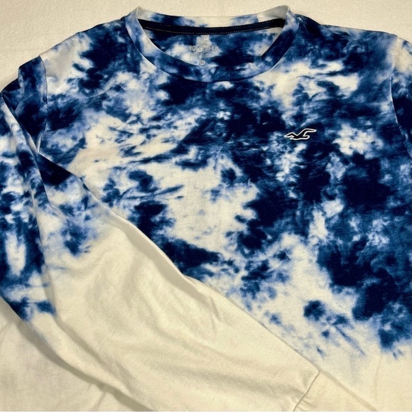 HOLLISTER Dark Blue/White Tie Dye Long Sleeve Curved Hem Tee 100% Cotton Size XS - Picture 4 of 12